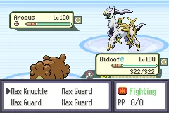 Dynamax Bidoof fighting Arceus.