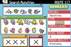 Selecting Munchlax in the DexNav to register it.