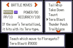 Selecting Tera Blast in the Move Tutor menu.